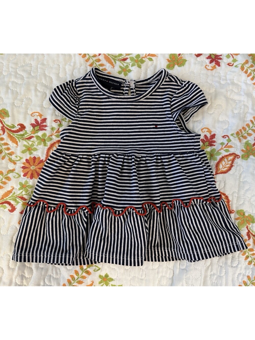 Tommy Hilfiger Baby Girls Navy & White Striped Peplum Dress Red Details 18M EUC.